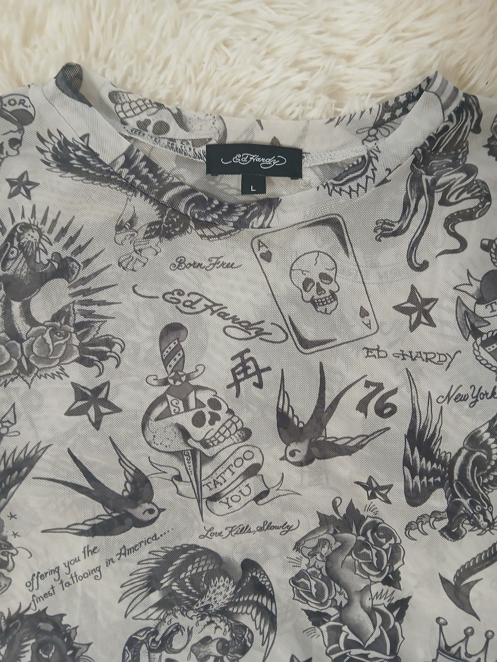 Ed Hardy White and Black Tattoo-Print Long Sleeve Tee - Picture 2 of 2